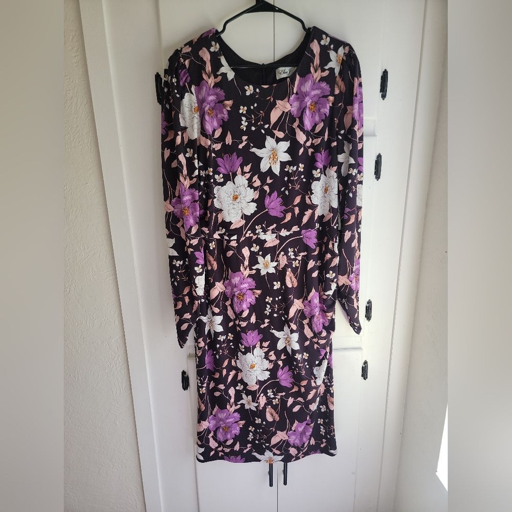 Eliza J Purple Floral Ruched Long Sleeve Bodycon Sheath Dress 18